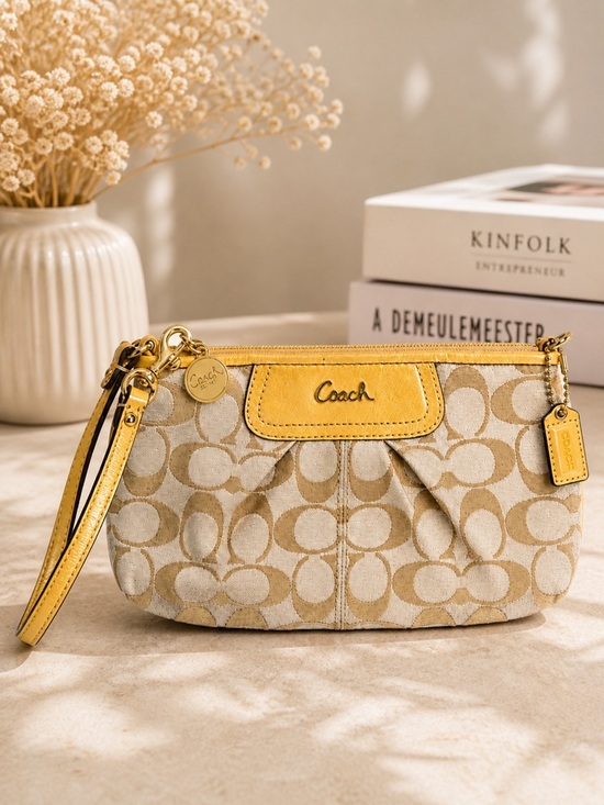 Coach Handbags - Vintage Coach Yellow Signature Canvas Wristlet Yellow Zip Pouch Clutch Y2K